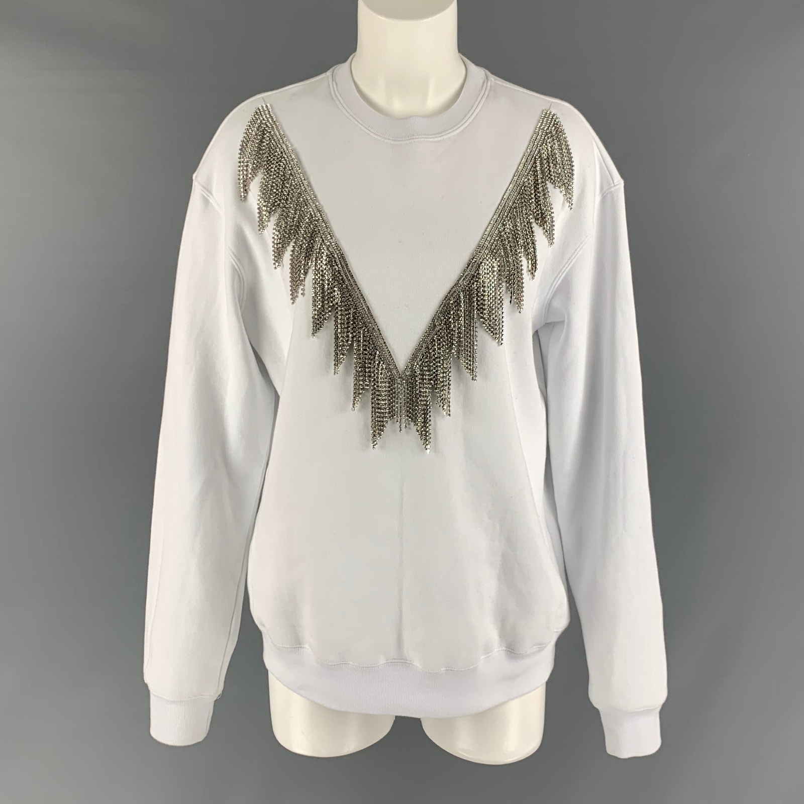 Msgm Size Xs White Cotton Rhinestones Crew-Neck Pullover